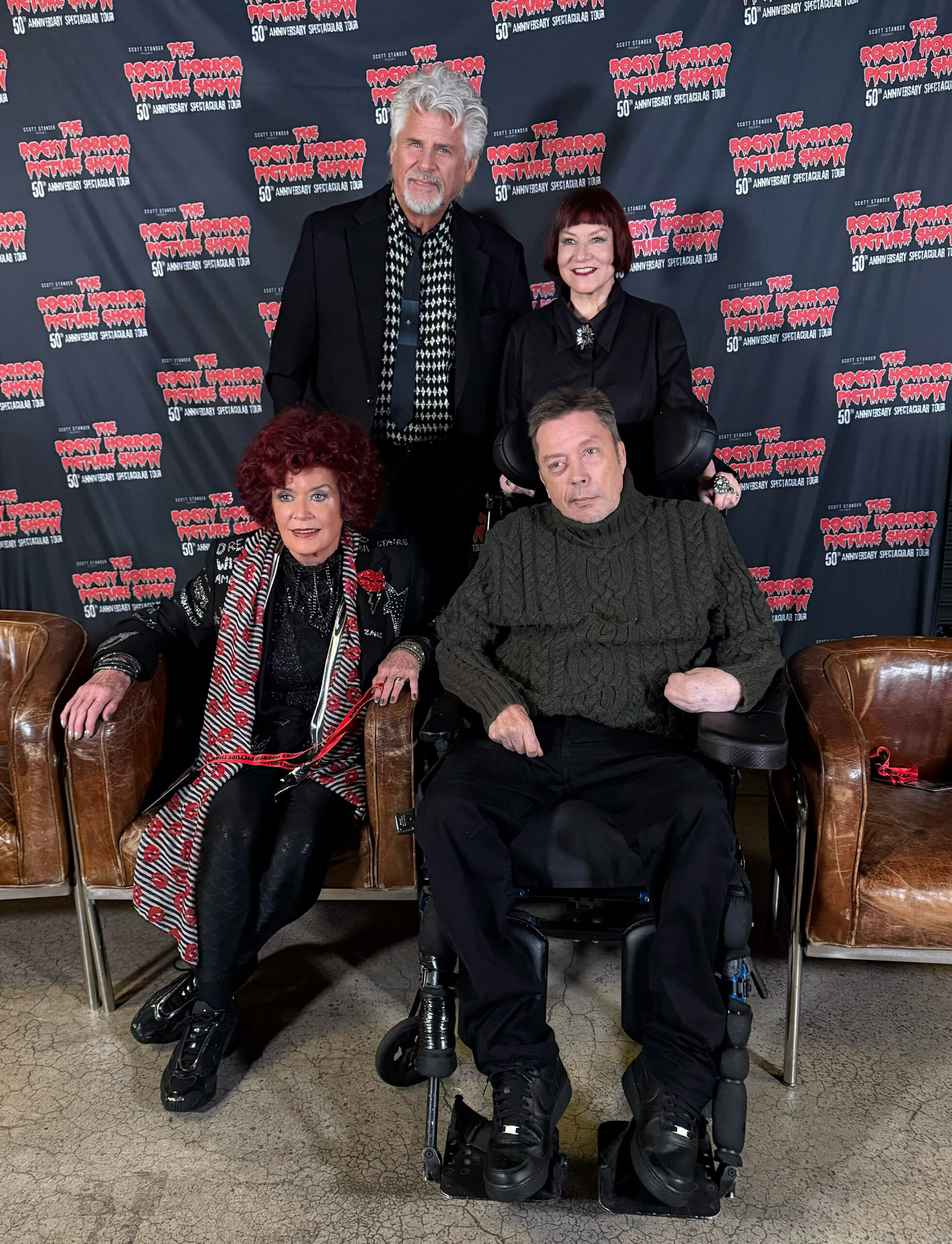 Patricia Quinn, Barry Bostwick, Nell Campbell and Tim Curry pose at "The Rocky Horror Picture Show" 50th Anniv